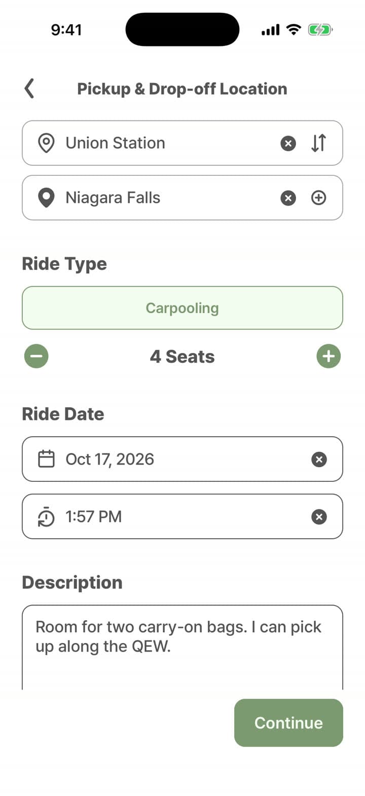 Posting a trip with the route, seats and date in the Taseta app