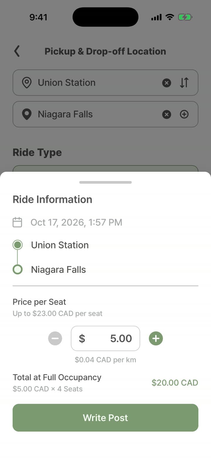 Setting the price per seat for a trip in the Taseta app
