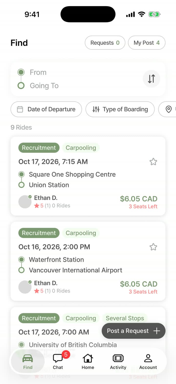 List of carpool trips with prices in the Taseta app