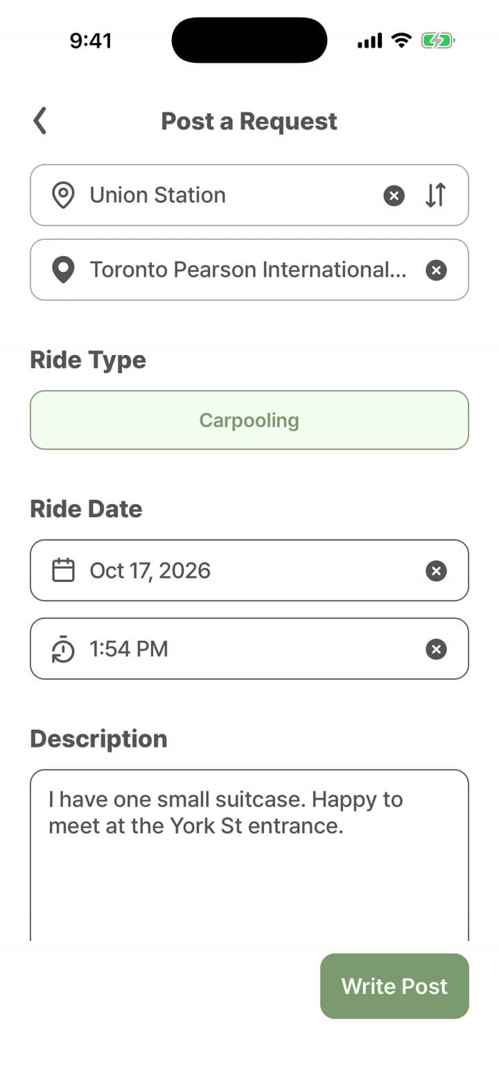 Posting a ride request in the Taseta app